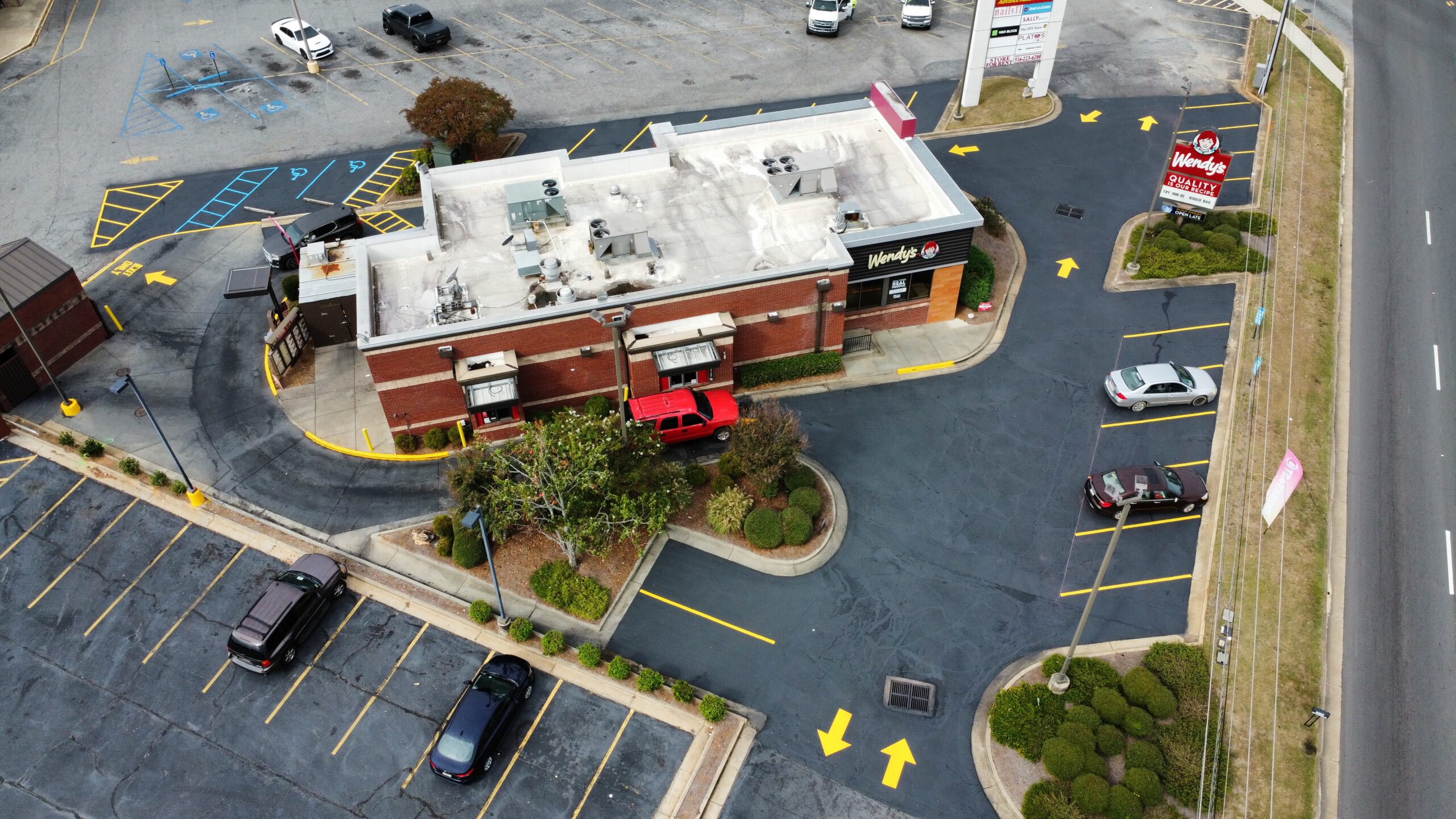 Aerial view of freshly striped parking lot