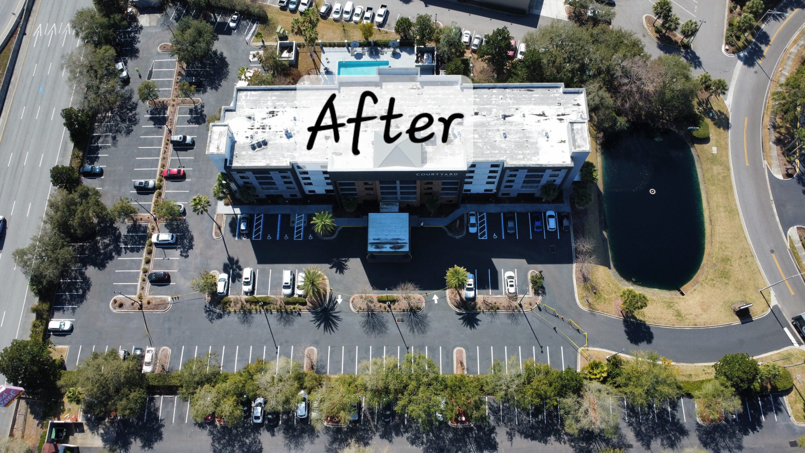 Fresh sealcoated apartment complex parking lot with new striping